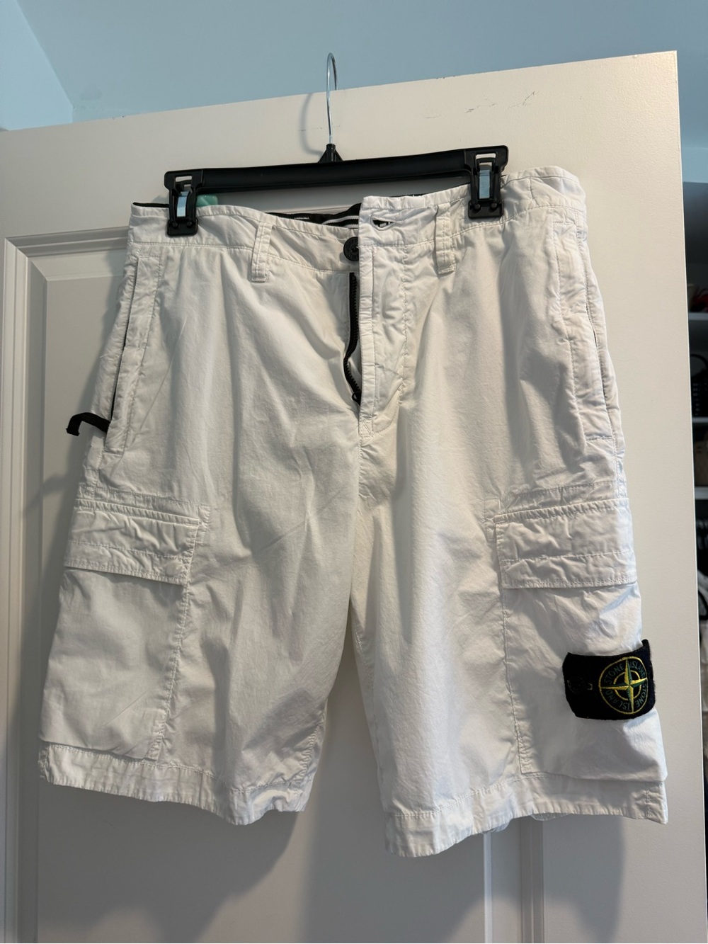 Stone Island White Cargo Shorts with Patch Badge